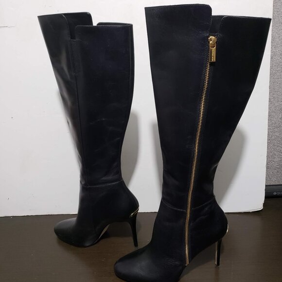 Michael Kors Black Leather High Stiletto Heel Knee Boots Logo Back 8M - Picture 1 of 16